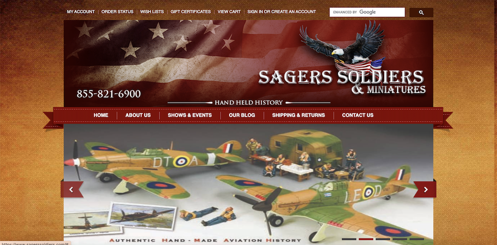 Screenshot of the website for Sagers Soliders & Miniatures.